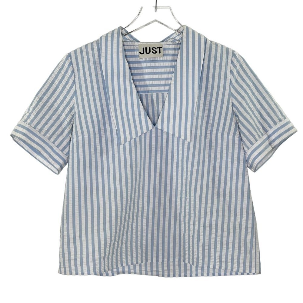 Just Female Seersucker Blue and White Striped Blouse